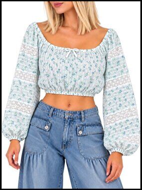 LoveShackFancy Albertina Crop Top Blue Floral Lace Balloon Sleeve M